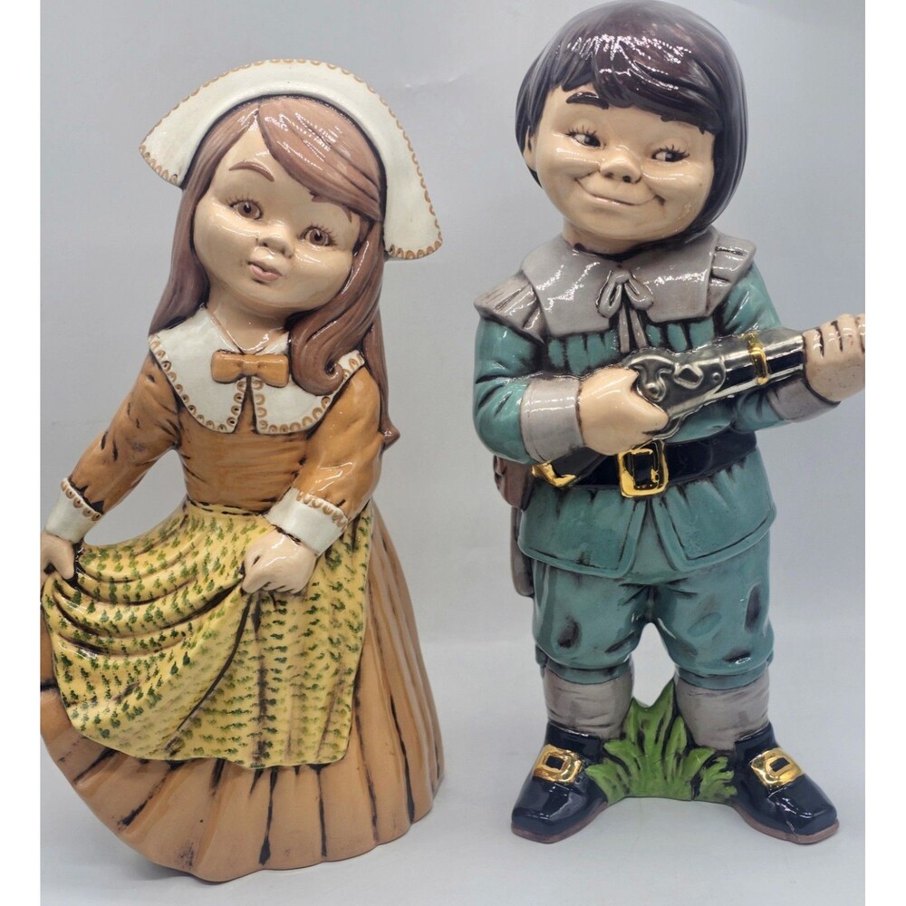 VTG 1975 Pilgrim Folk Art Ceramic Figurines Set Signed Carolyn '75 Thanksgiving